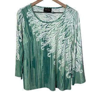 Bob Mackie Wearable Art Women's Green‎ Abstract Print Long Sleeve Top Sz S Retro